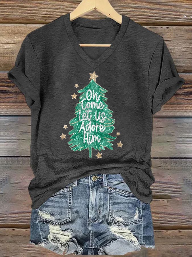 Women's Sequined Christmas Tree Print Casual T-shirt