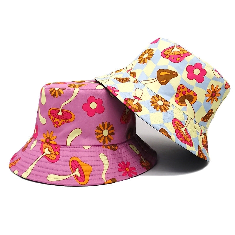 Women's Cute Flower Mushroom Printing Flat Eaves Bucket Hat
