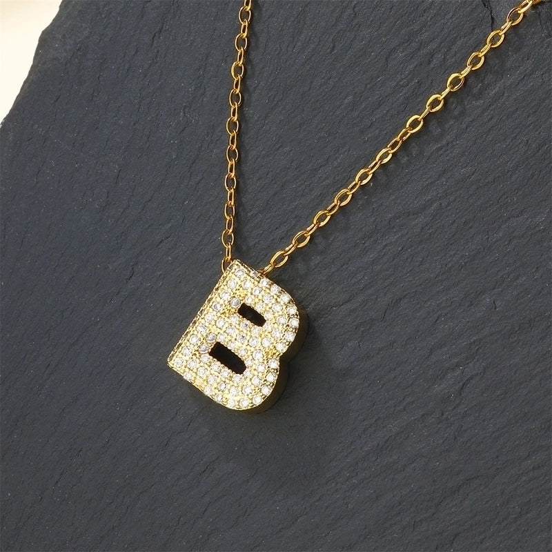 Copper 18K Gold Plated Casual Minimalist Inlay Letter Zircon Pendant Necklace