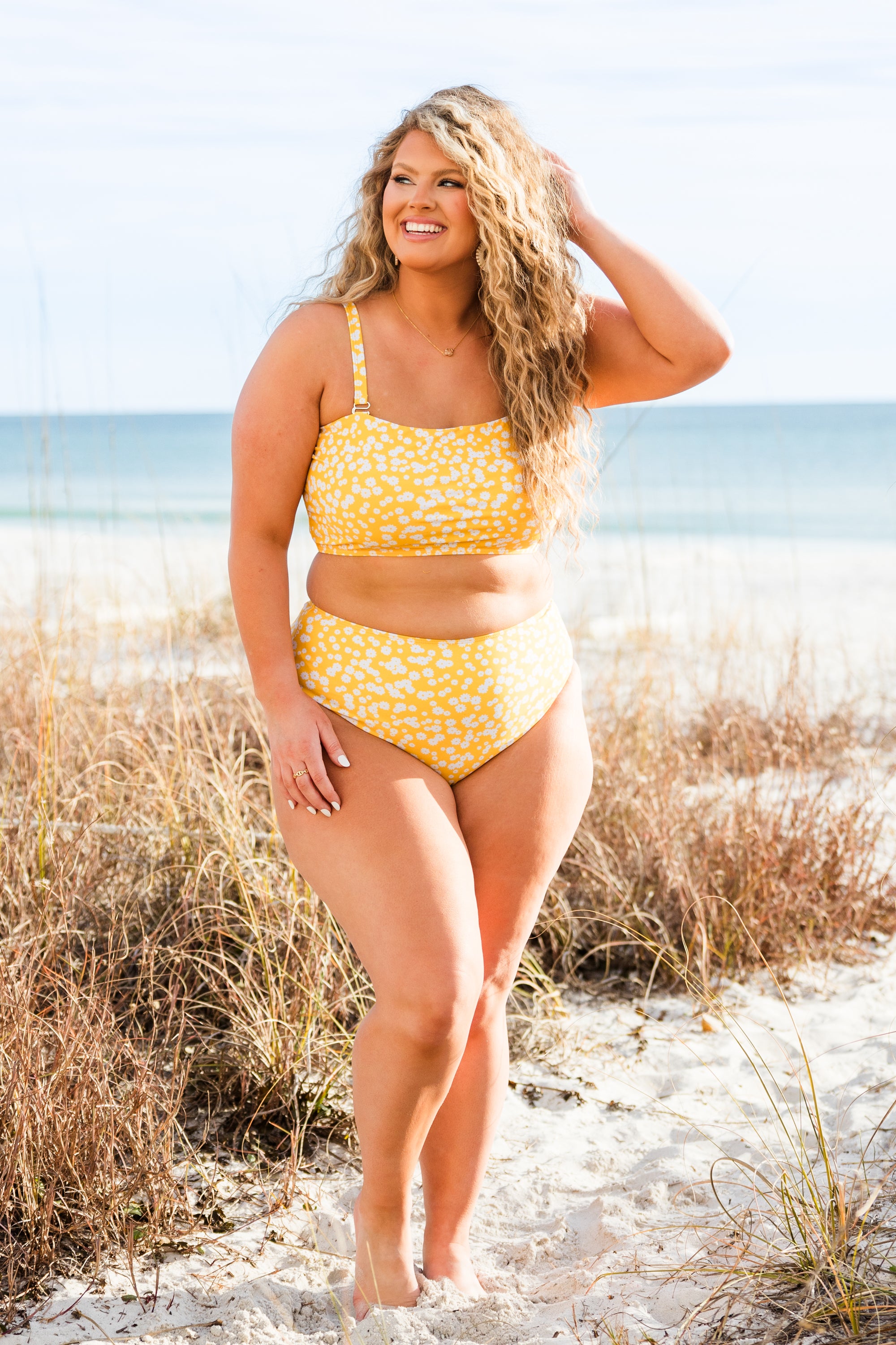 Feeling Fine And Sandy Swim Top. Yellow Floral