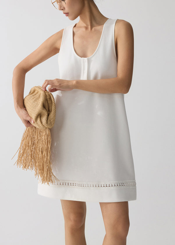 Women White U Neck Hollow Out Cotton Mini Dress Summer