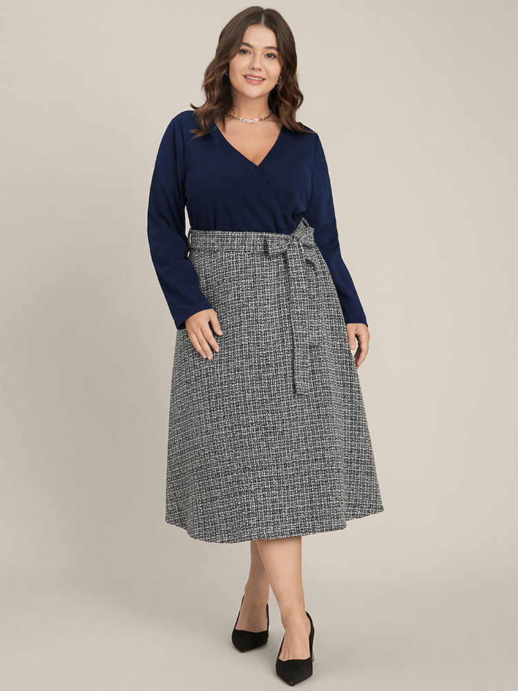 Plaid Patchwork Surplice Neck Belted Tweed Dress