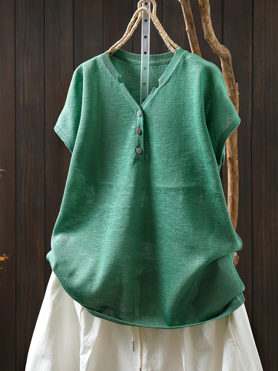 Women Summer Casual Pure Color Knitted V-Neck Shirt