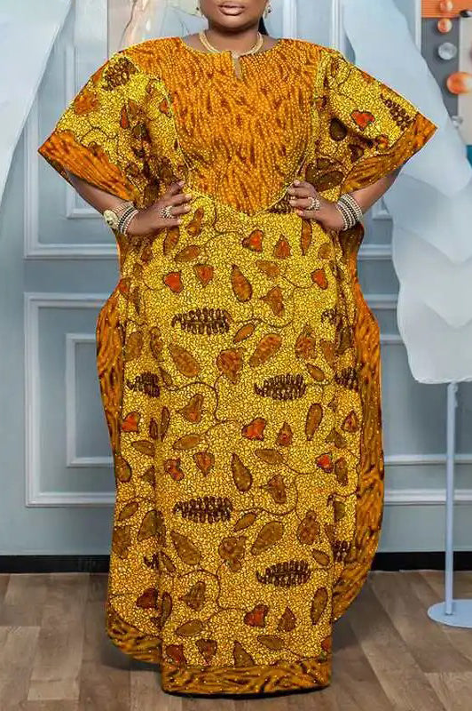 Vintage Casual Bat-wing Floor-Length Printed Loose Maxi Dress