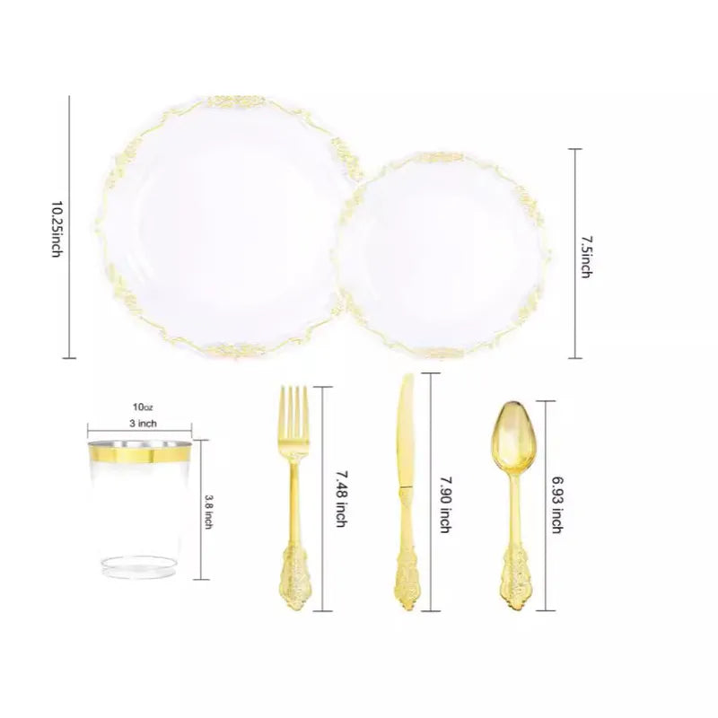 7.5-Inch 10.25-Inch Disposable Transparent Golden Edge Plate Plastic Relief Plate Golden Lace Plate Party Tableware