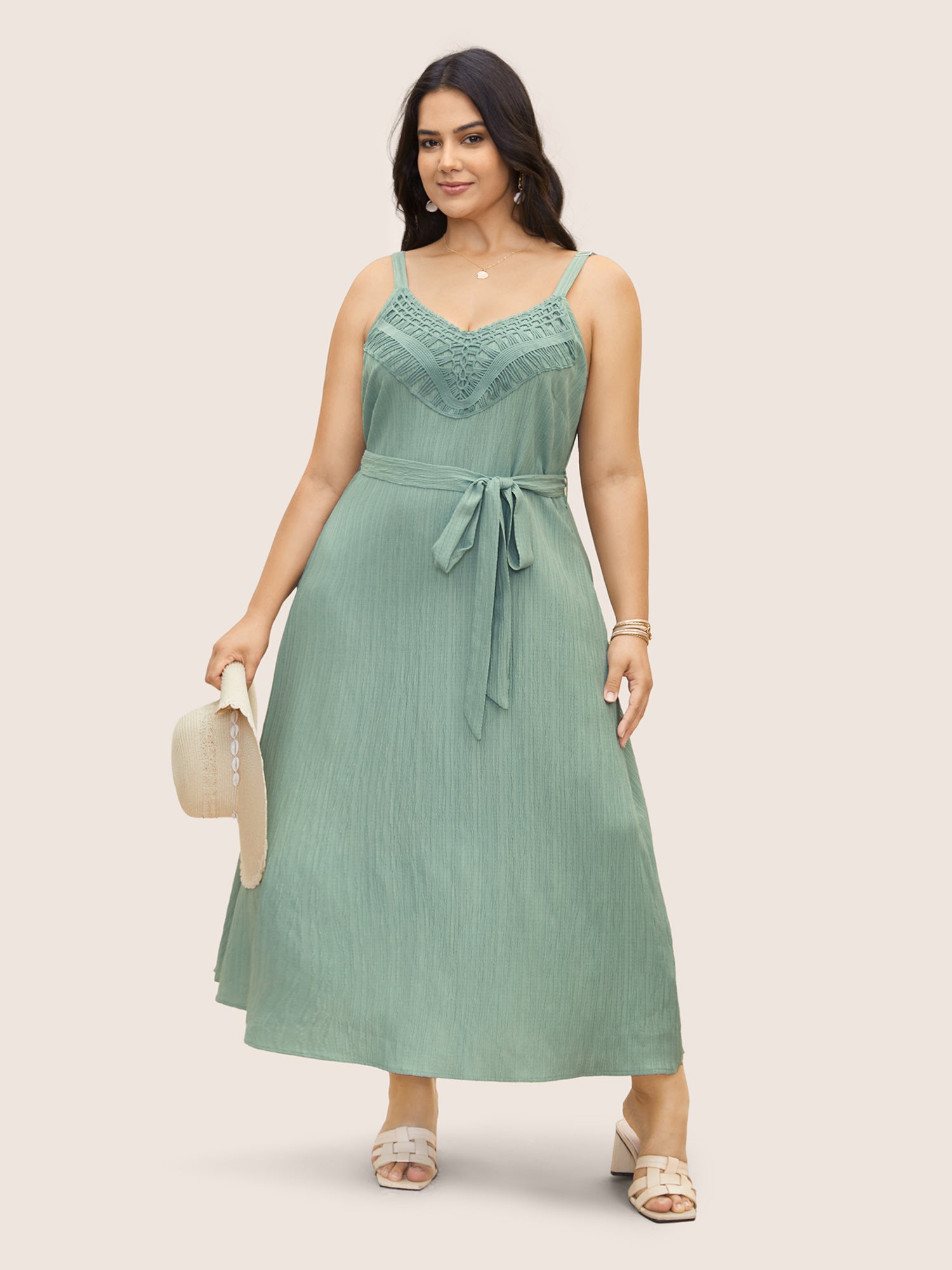 Texture Lace Trim Belted Cami Dress