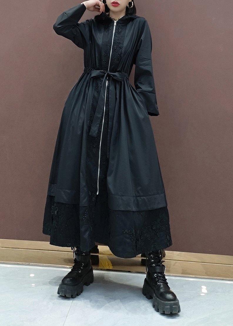 DIY Black Embroidery Plus Size Tunic Coats Inspiration Hooded Spring Coat
