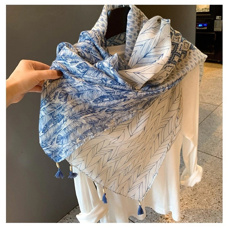 Women's Silk Scarf Summer Versatile Thin Scarf Cotton And Linen Scarf Blue Feather Tassel Beach Towel Sunscreen Shawl