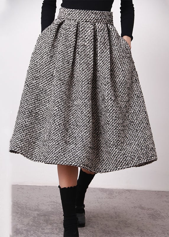 Simple Black White Plaid High Waist Woolen A Line Skirts Spring