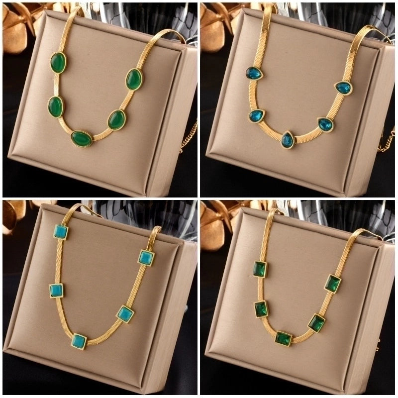 Retro Round Square Titanium Steel Plating Inlay Turquoise Necklace