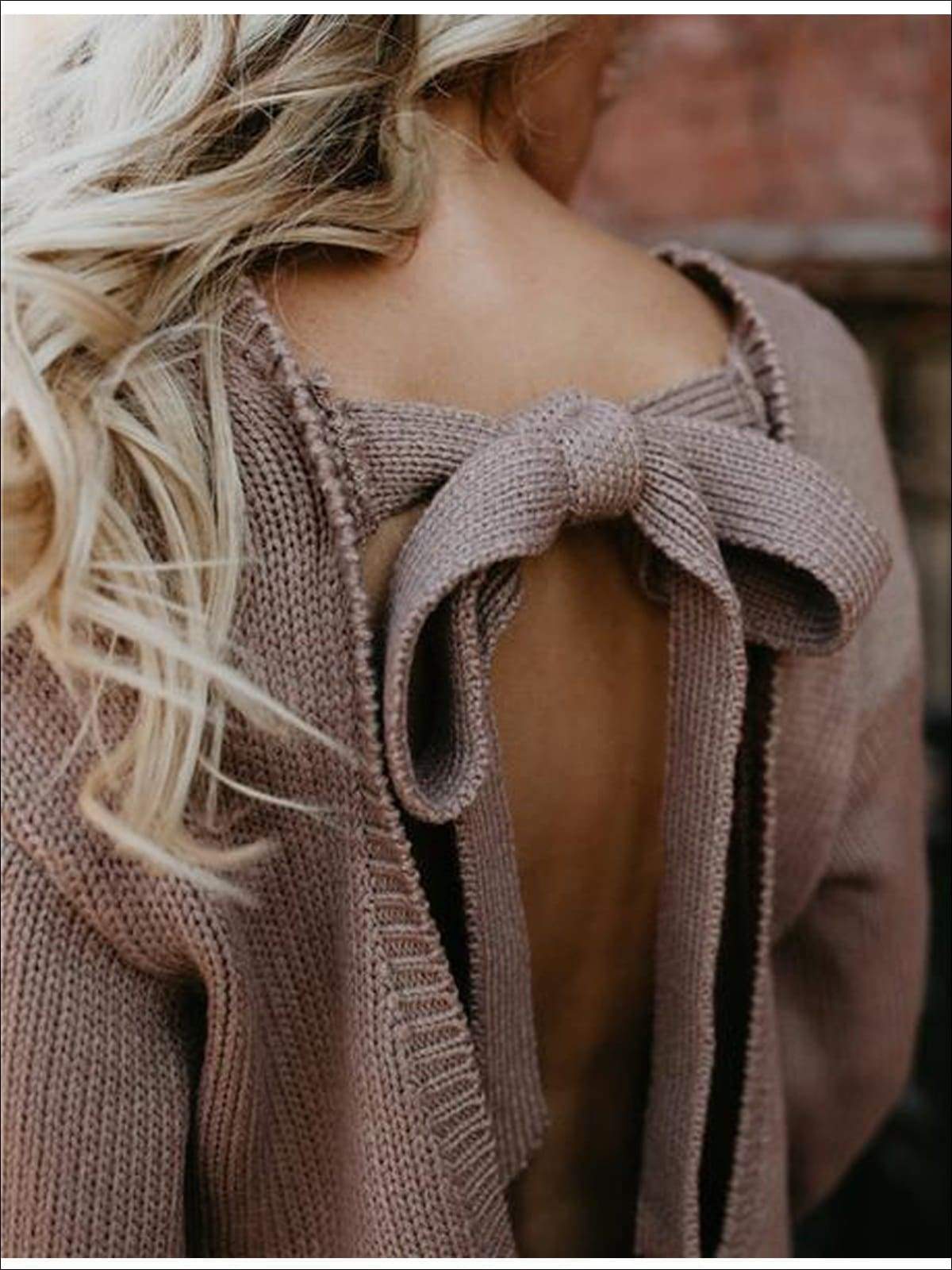 Knitted Oversized Sexy Bow Tie  Back Lantern Sleeve Sweater