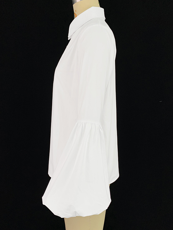 Long Sleeves Loose Buttoned Elasticity Solid Color Split-Joint Stand Collar Blouses&Shirts Tops