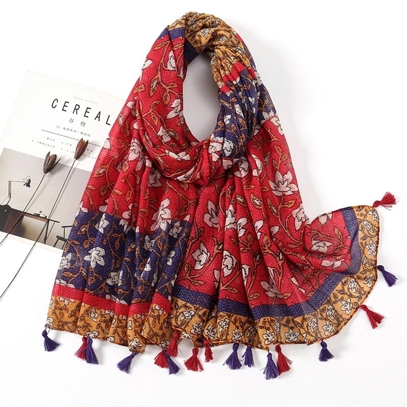 Women'S Sweet Flower Cotton And Linen Tassel Scarf