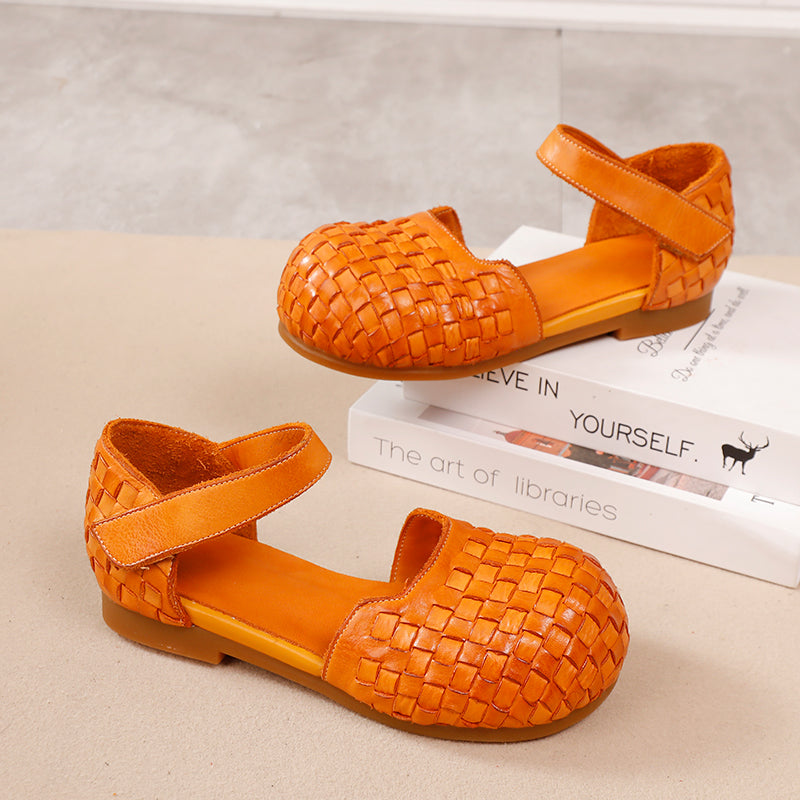 Handwoven Leather Closed Toe Flat Sandals Round Big Toe Mary Jane Shoes with Velcro Strap in Brown/Caramel