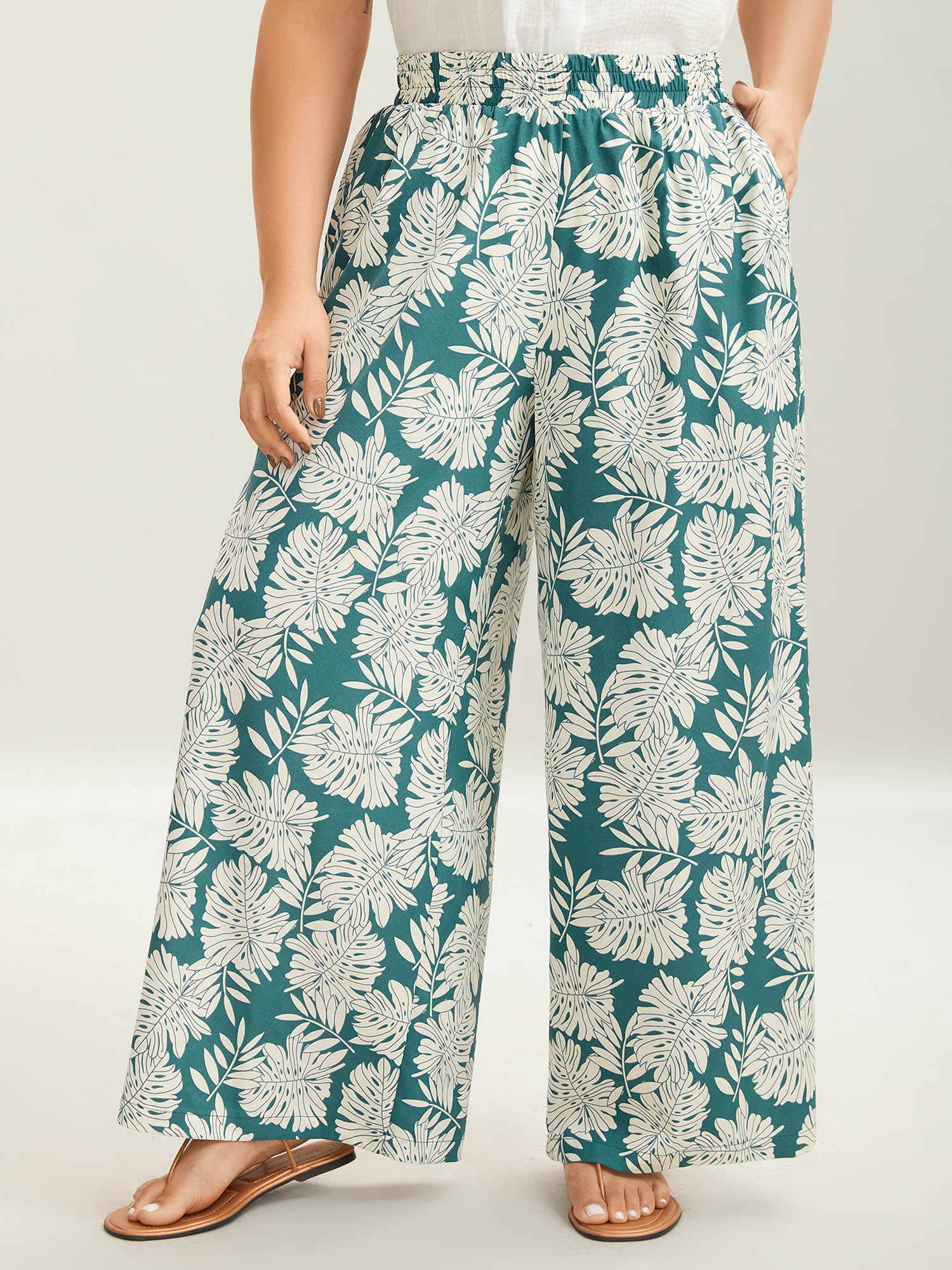 Tropical Leaf Pattern Shirred Wide-Leg Pants