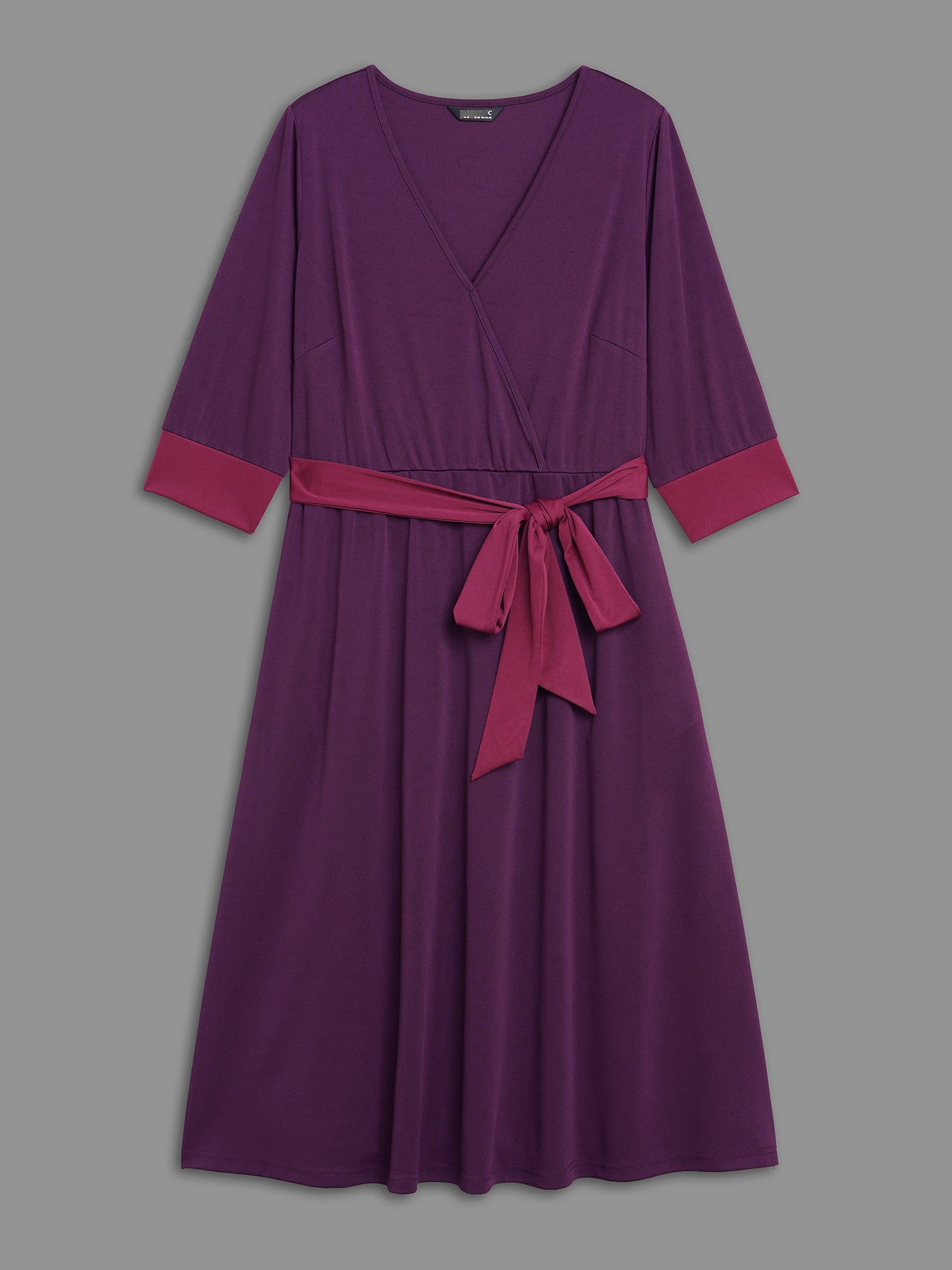 Overlap Collar Contrast Belted Midi Dress