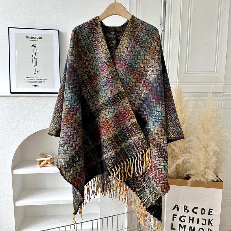Travel Outside Knitted Shawl Ethnic Style Vintage Cape Cloak Tassel Scarf For Vacation Wear