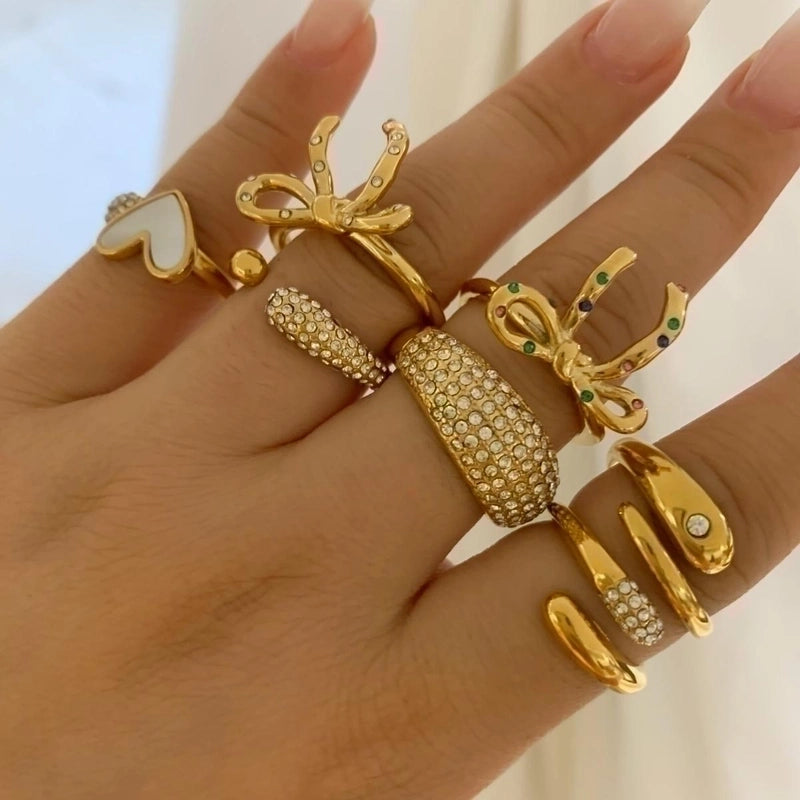 Casual Modern Style Heart Shape Bow Knot 316 Stainless Steel  Shell Diamond 16K Gold Plated White Gold Plated Gold Plated Inlay Stainless Steel Rings