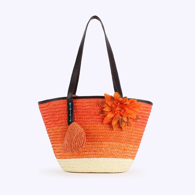 Women's Large Straw Color Block Vacation Beach Weave Bucket Zipper Beach Bag