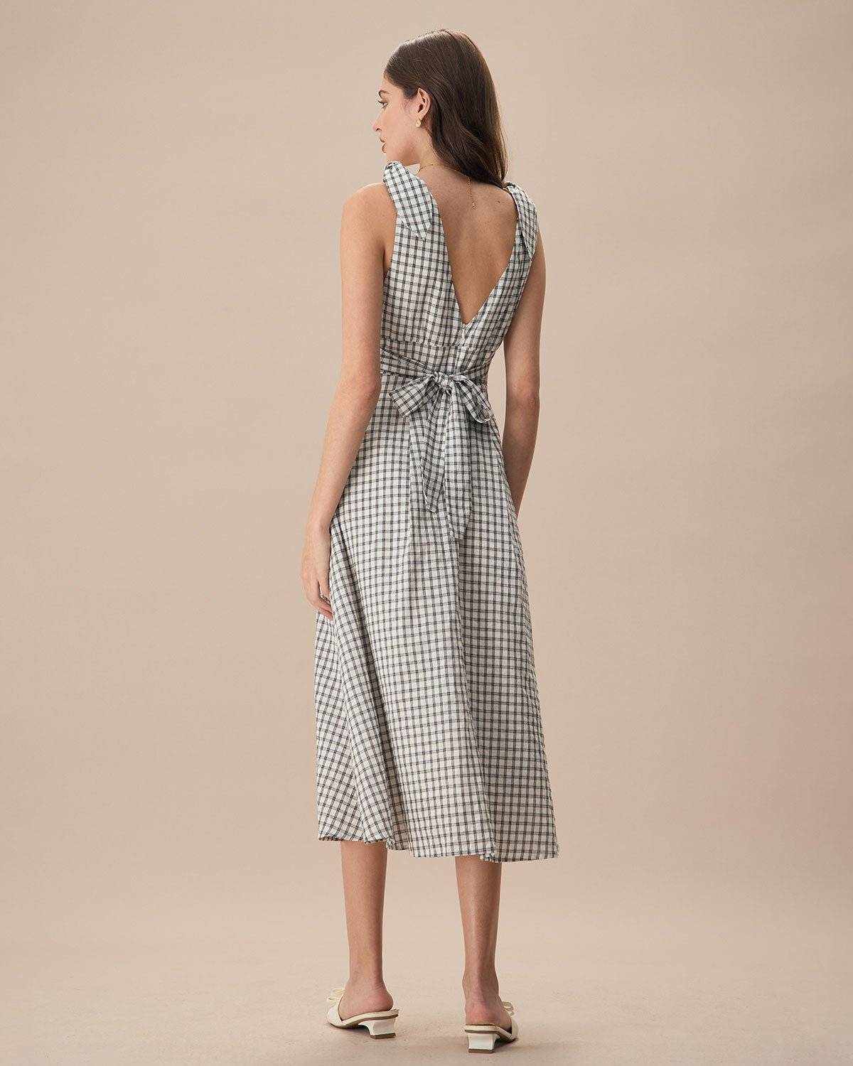The Black V-Neck Plaid Tie Strap Cotton Midi Dress