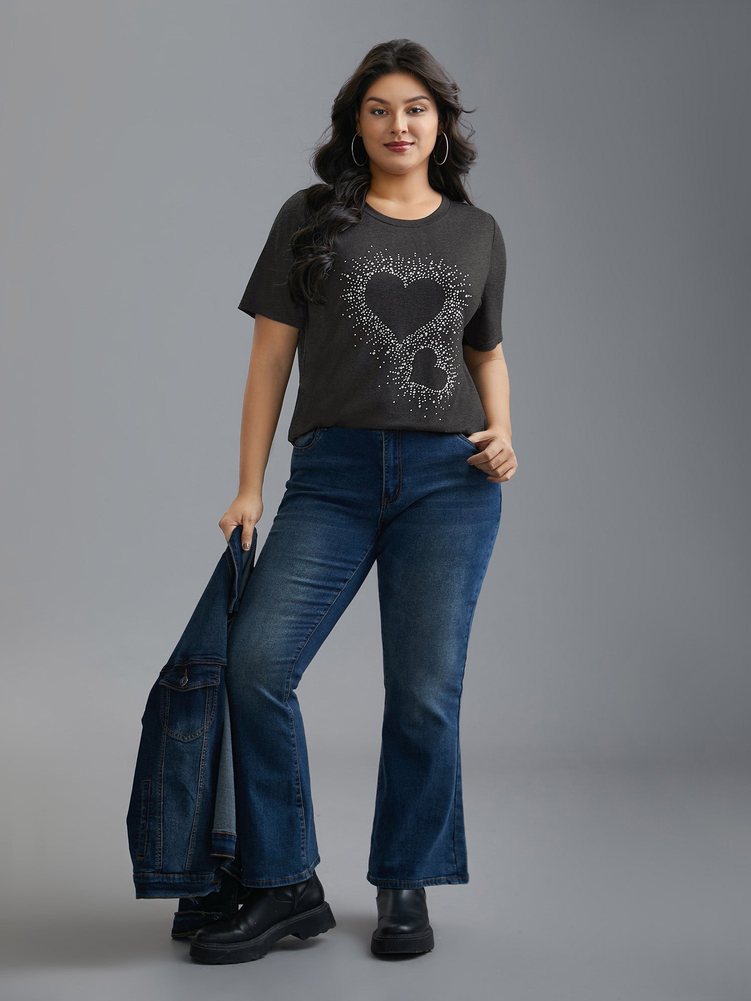 Crew Neck Rhinestone Heart T-Shirt