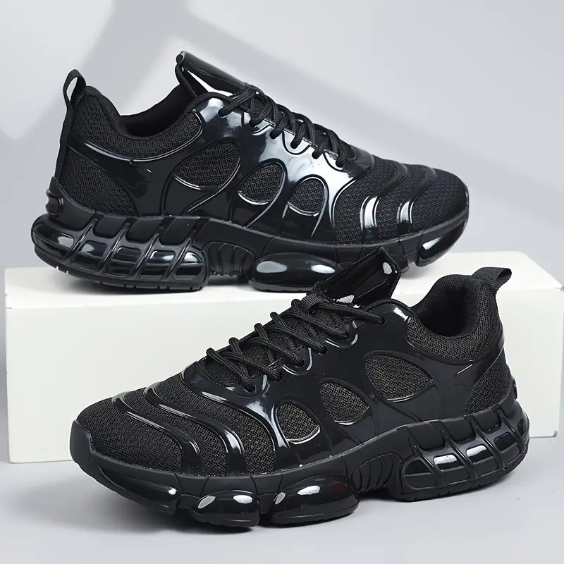 Men's Low-Top Sneakers - Glossy Black Retro-Modern Design with Arch Support & Cushioned TPU Sole - Breathable PU/Fabric Upper for All-Season Gym, Running, Casual & Casual Attire - Comfortable Sneakers, Workout Footwear, Sporty Look, Classic Style, Durable