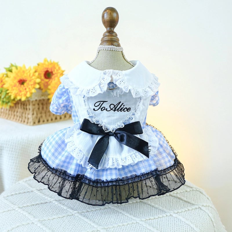 Pet Ring Dog Clothes Spring And Summer New Medium And Small Dog Blue And White Plaid Doll Collar Dress Fairy Tale Princess Dress