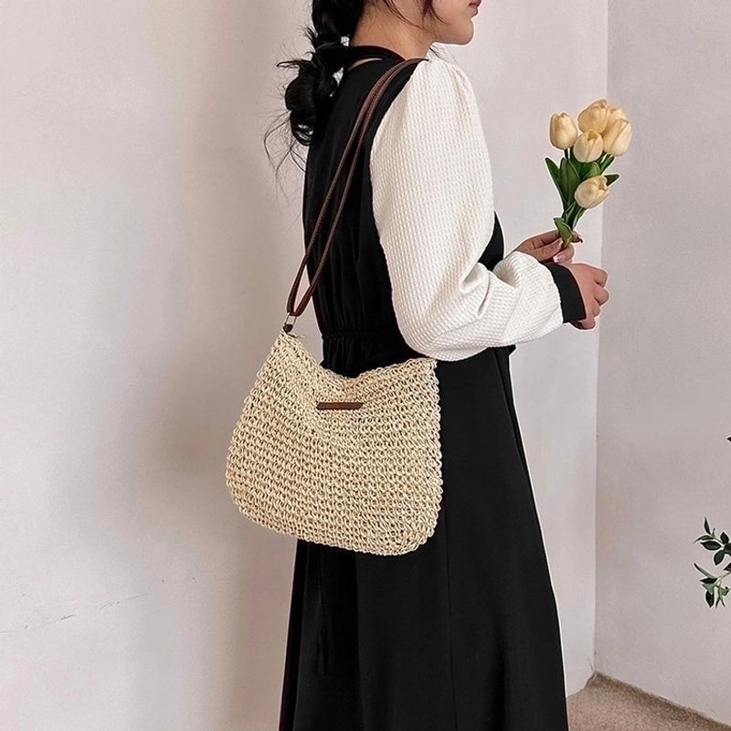 Women's Straw Solid Color Basic Vacation Square Zipper Shoulder Bag Beach Bag Straw Bag