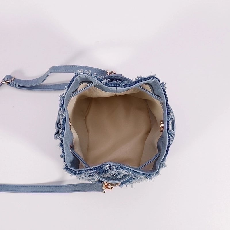 Women's Denim Solid Color Fashion Bucket String Shoulder Bag Crossbody Bag Bucket Bag