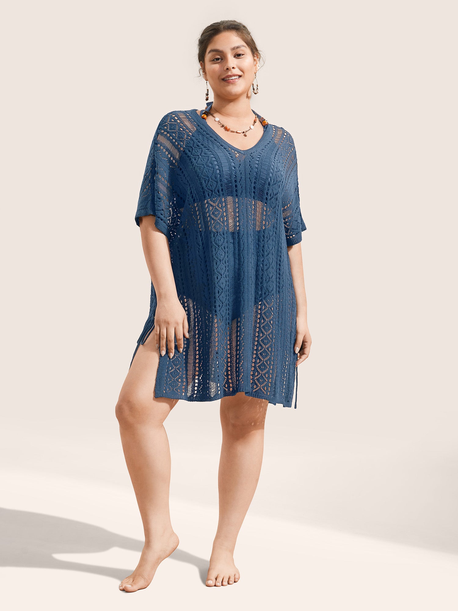 Plain Texture Ties Hollow Out Split Hem Swim Cover Up