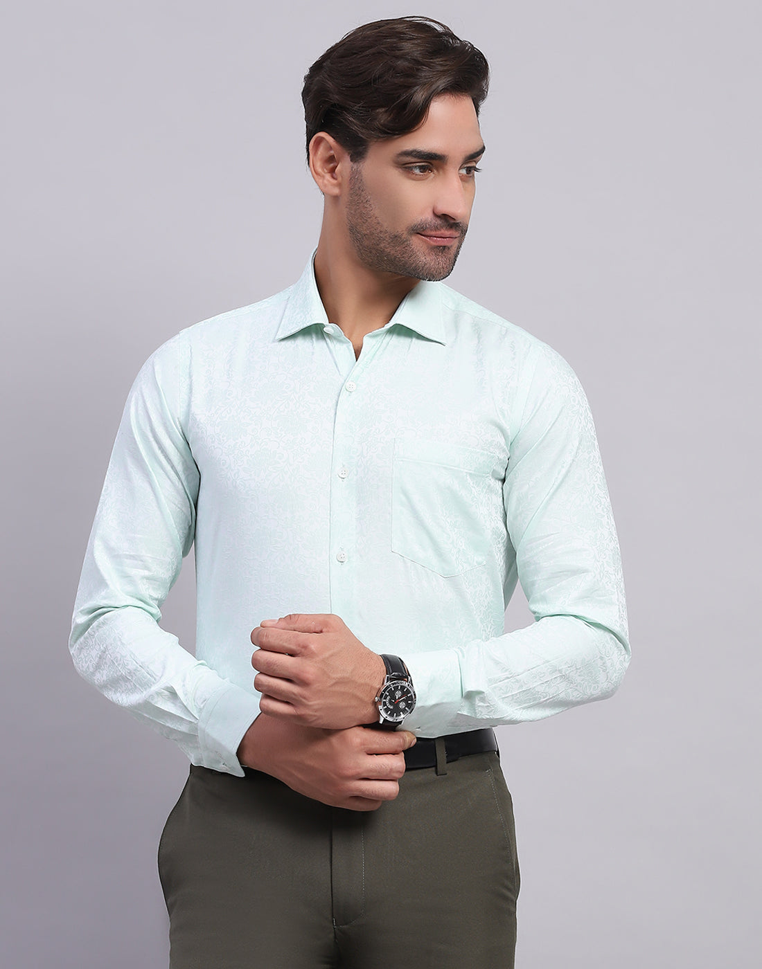 Men Light Blue Self Design Collar Full Sleeve Shirt