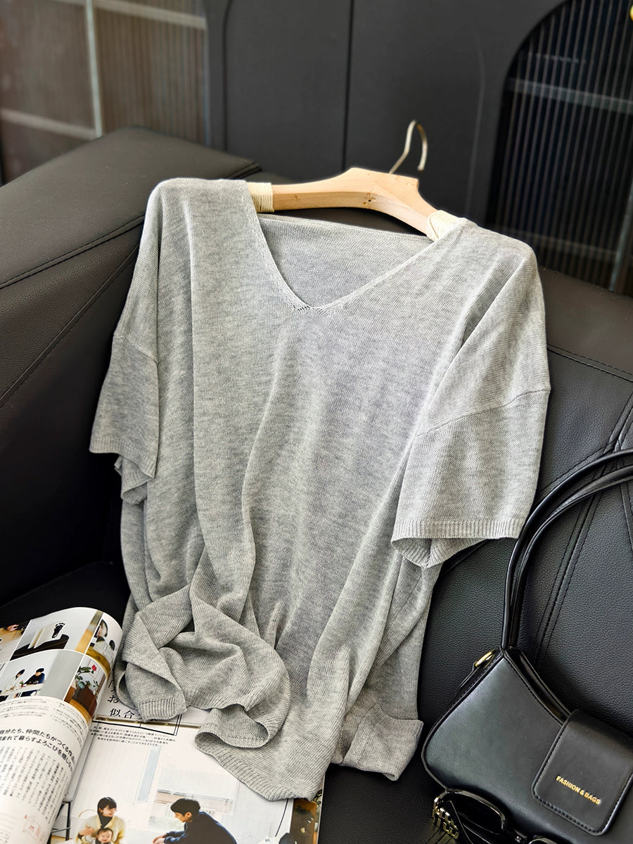 Women Summer Casual Pure Color Knitted V-Neck Shirt