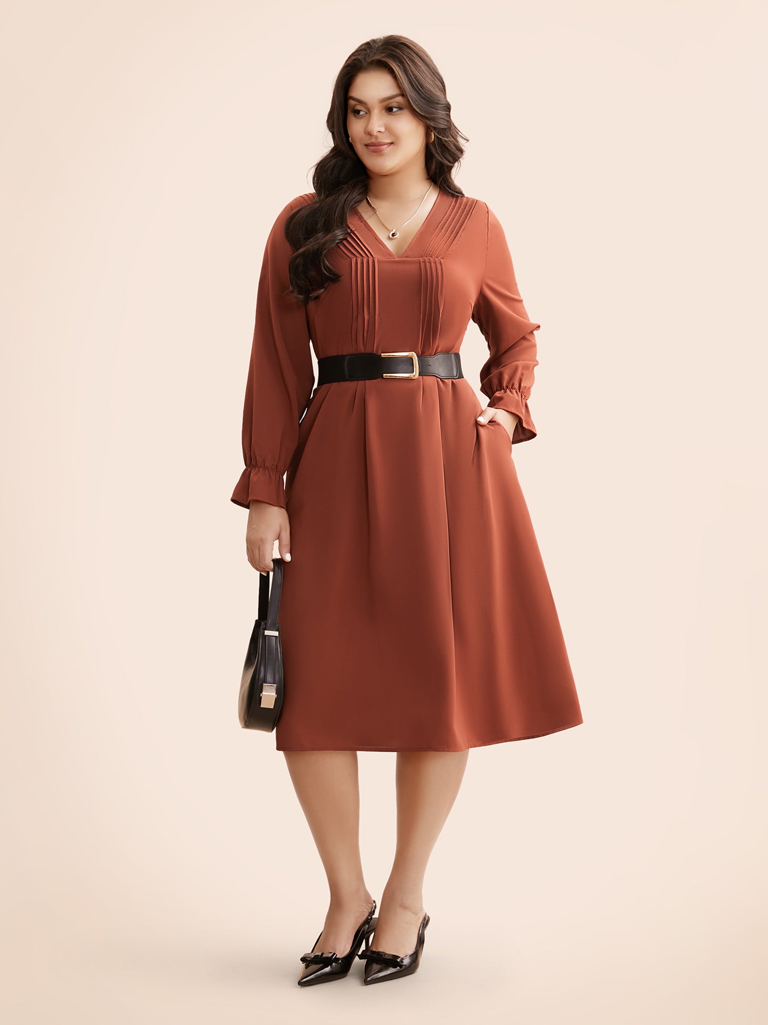 V Neck Pleated Lantern Sleeve Dress