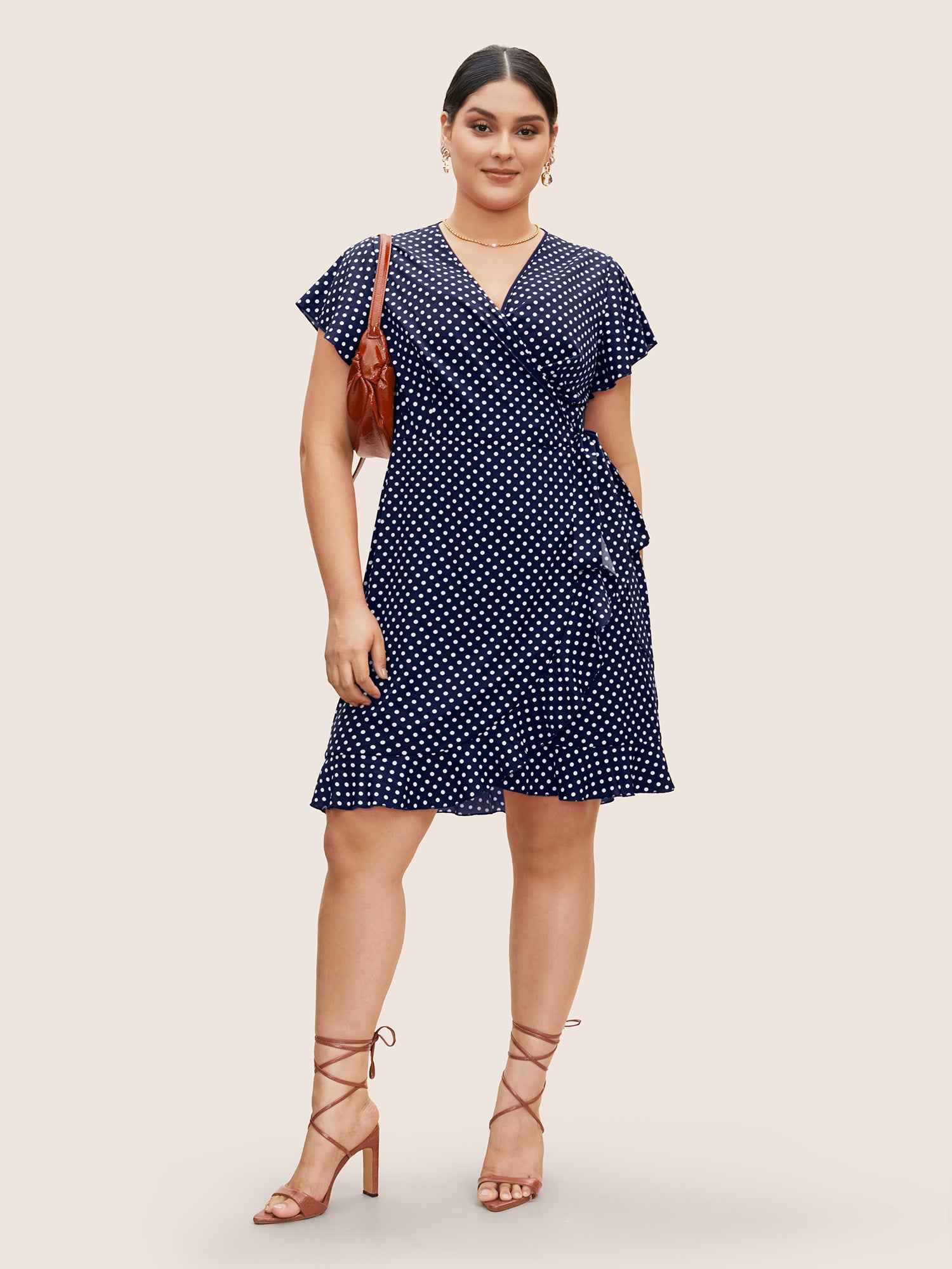 Polka Dot Wrap Ruffle Sleeve Tie Knot Dress