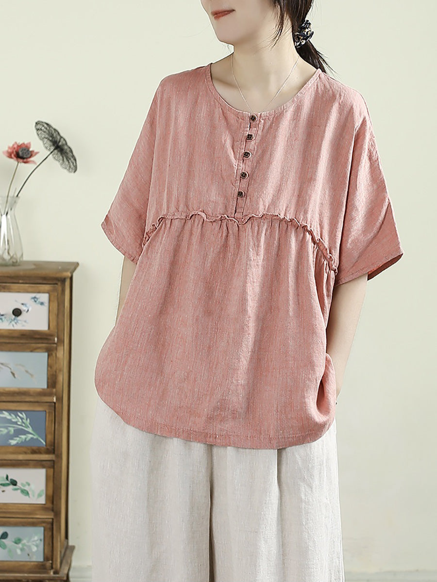Women Summer Vintage Pure Color Spliced 100%Linen O-Neck Shirt