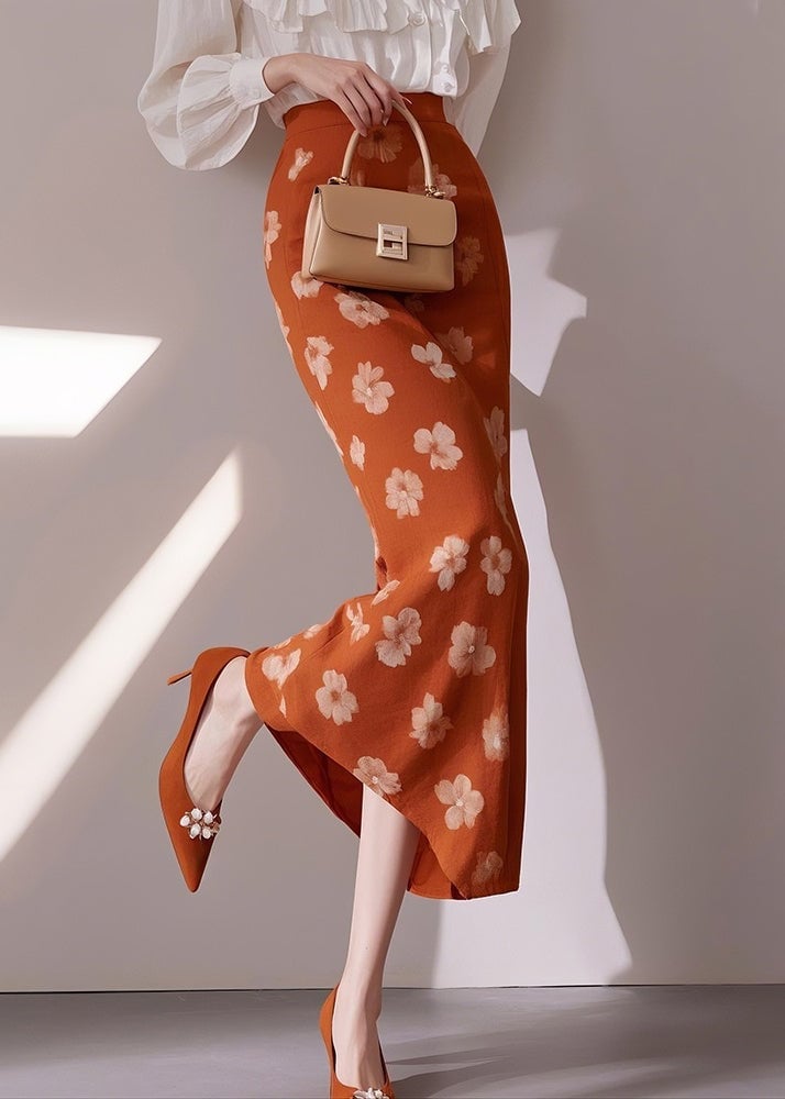 Slim Fit Orange Print High Waist Cotton Skirts Summer