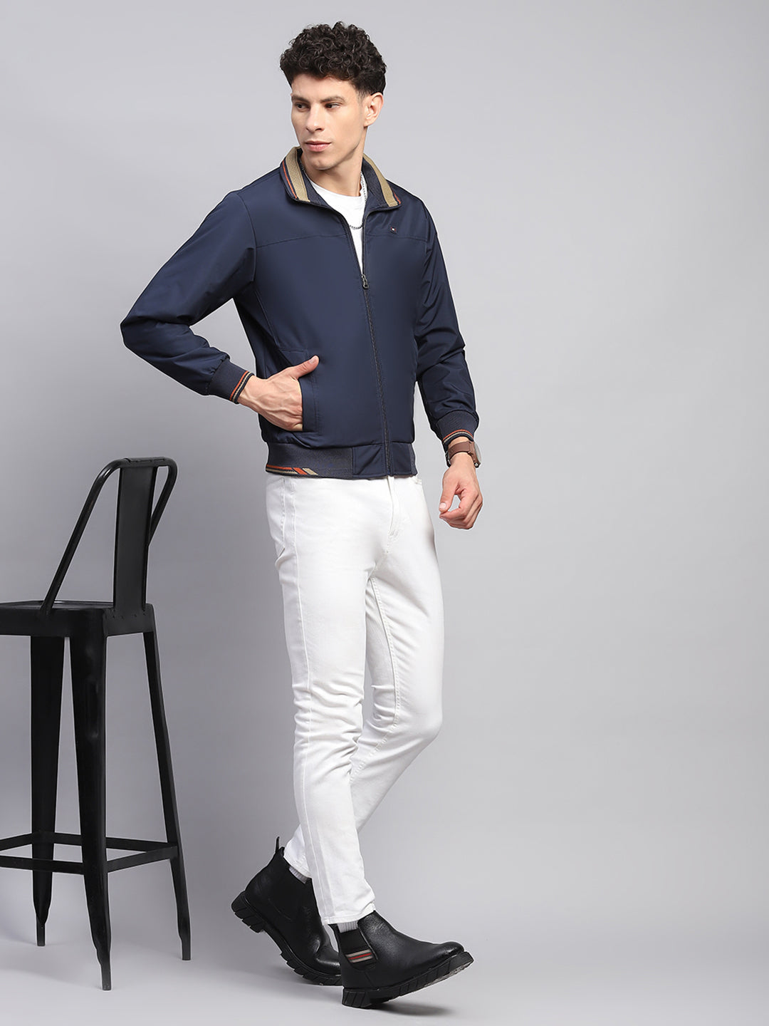 Men Navy Blue Solid Mock Neck Full Sleeve Jacket