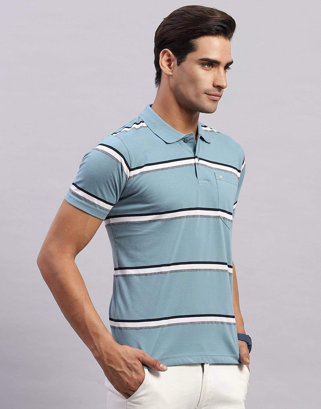 Men Blue Stripe Polo Collar Half Sleeve T-Shirt