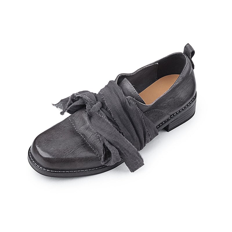 Vintage Lace-Up Derby Oxford Shoes Block Heel Leather Casual Footwear in Black/Green/Grey (better suited for thin feet)