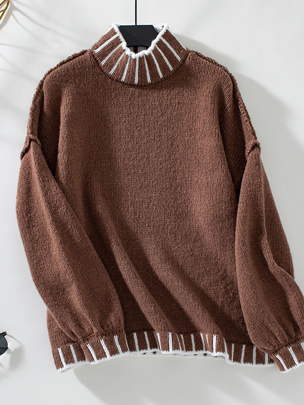 Long Sleeves Loose Contrast Color Split-Joint High Neck Pullovers Sweater Tops