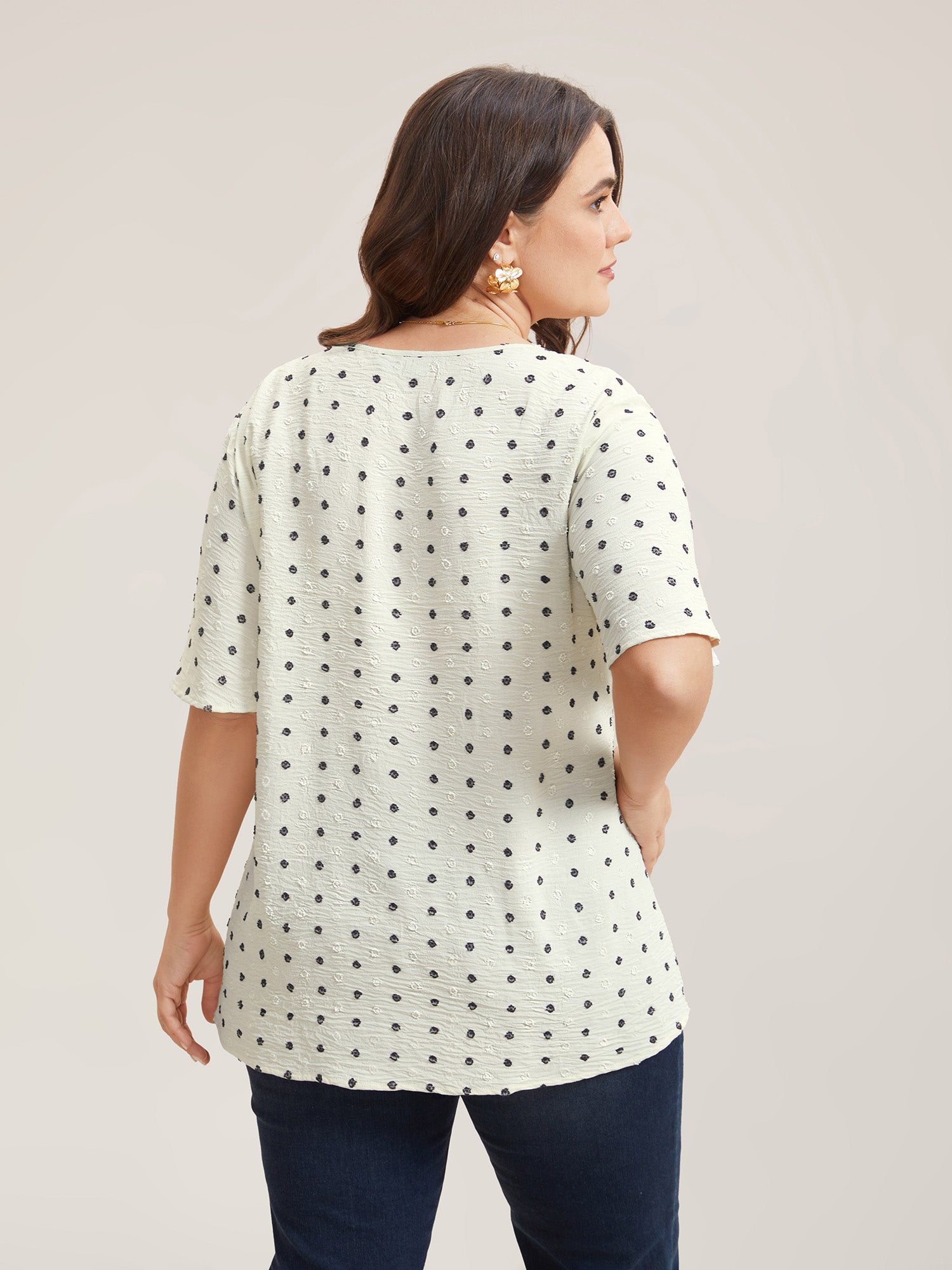 Textured Polka Dot Print Flared Sleeve Shirt