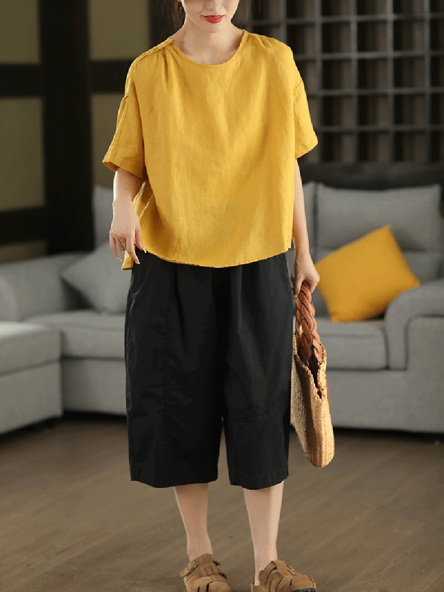 Women Summer Artsy Pure Color O-Neck 100%Linen Shirt