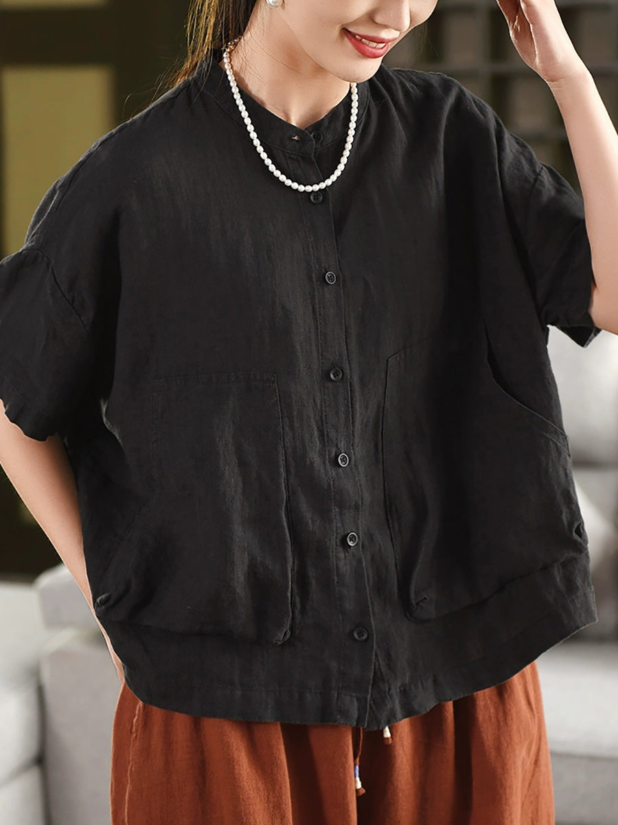 Women Summer Pure Color Stand Collar 100%Linen Shirt