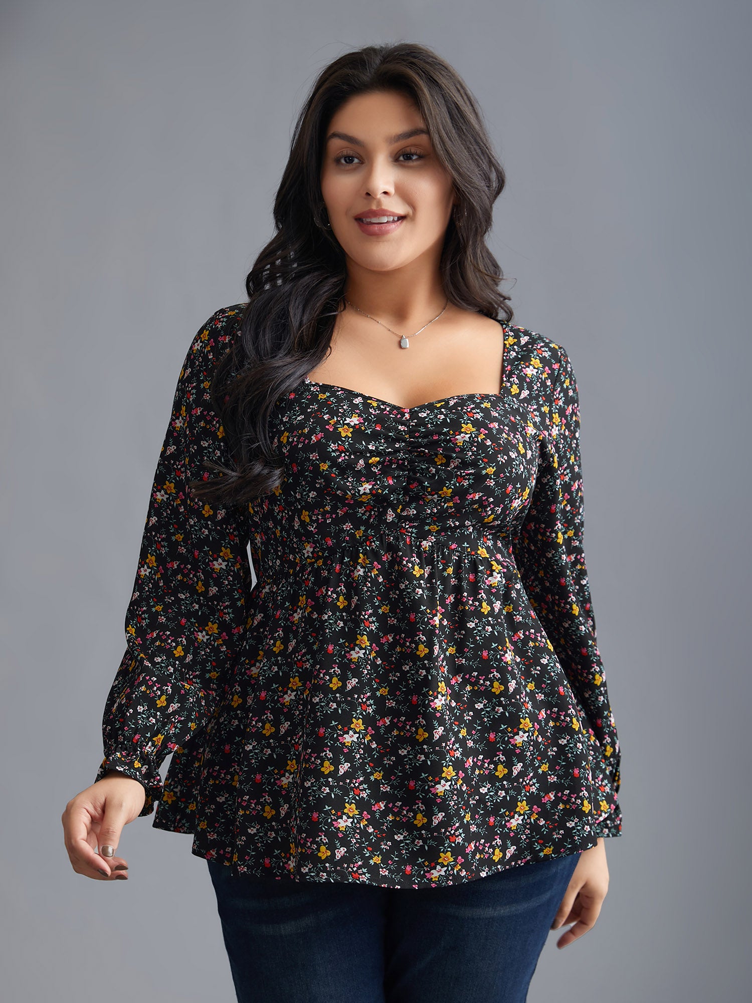 Ditsy Floral Heart Neckline Gathered Blouse