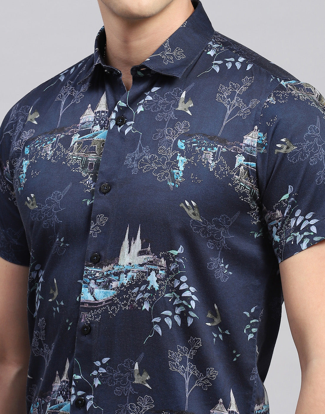 Men Navy Blue Printed Collar Neck Half Sleeve Shirt