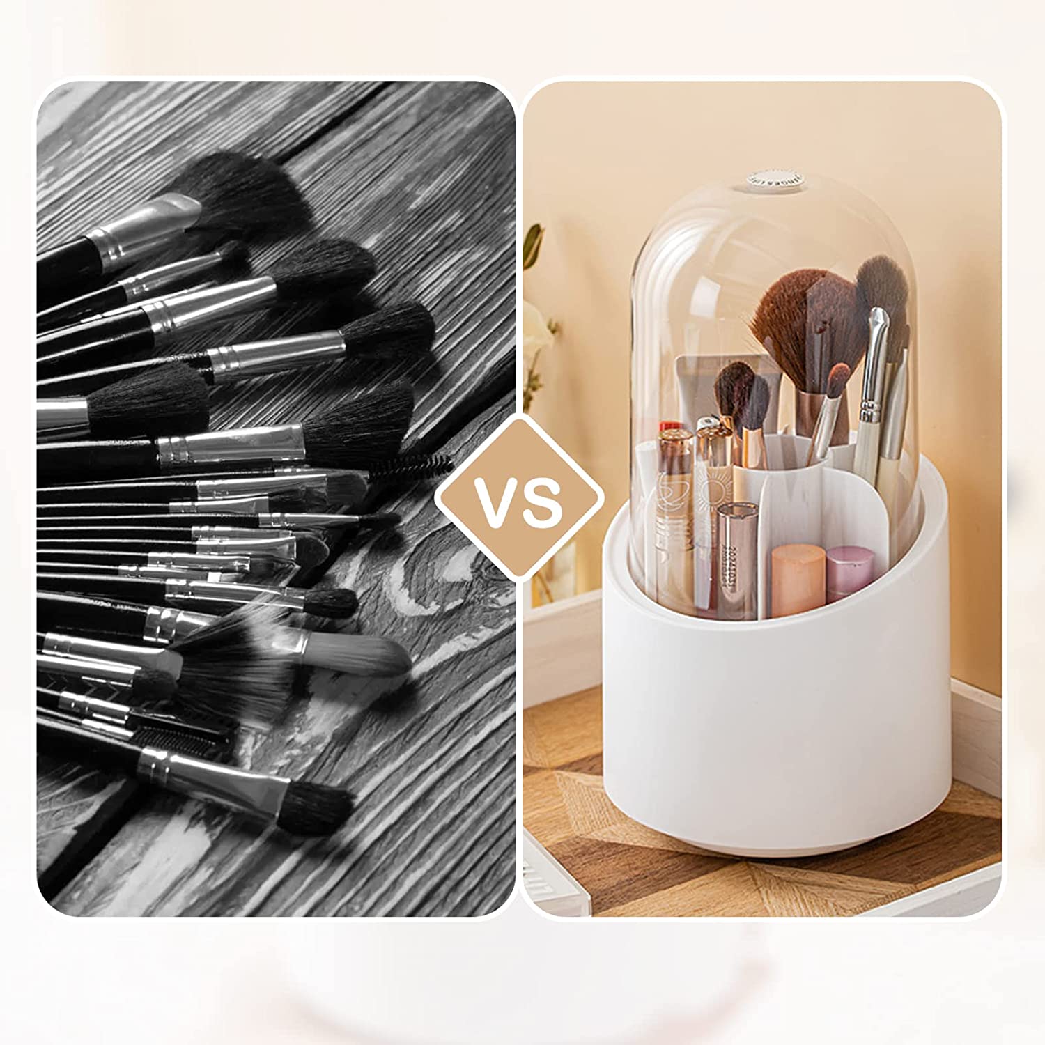 Makeup Brush Holder With Lid. Rotatable Clear Acrylic Makeup Brush Organizer Cup