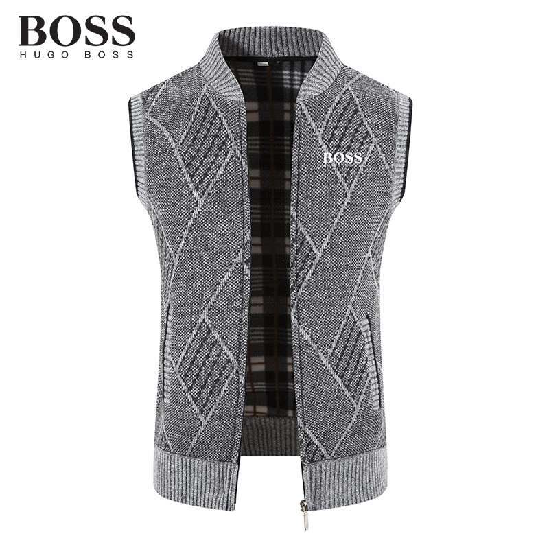 BOSS Men-s Knitted Fleece Thickened Pattern Sleeveless Sweatershirt