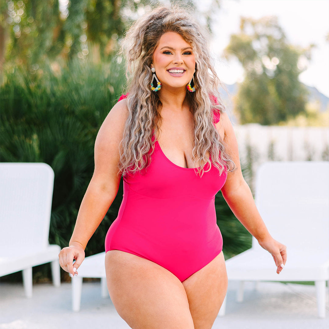 Ruffle Your Feathers Swimsuit. Hot Pink