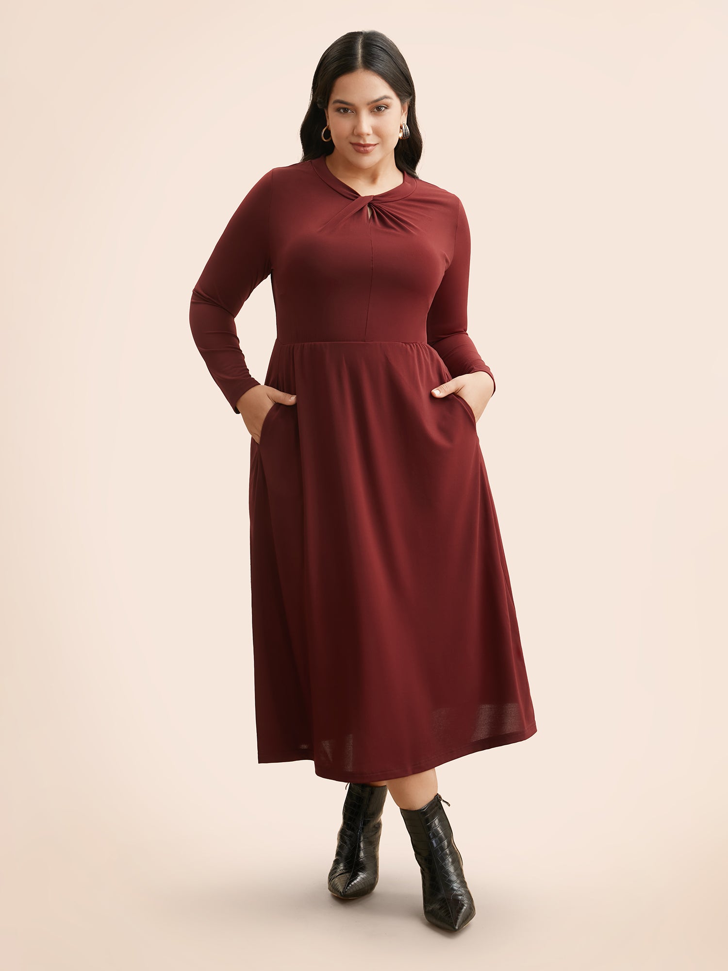 Plain Twist Neck Midi Dress