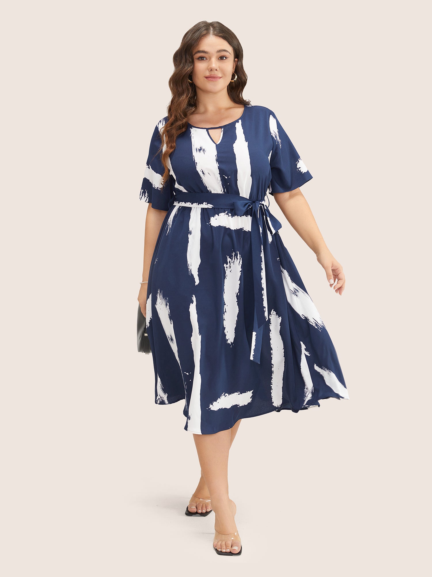 Brush Print Keyhole Belted Pocket Flutter Dress